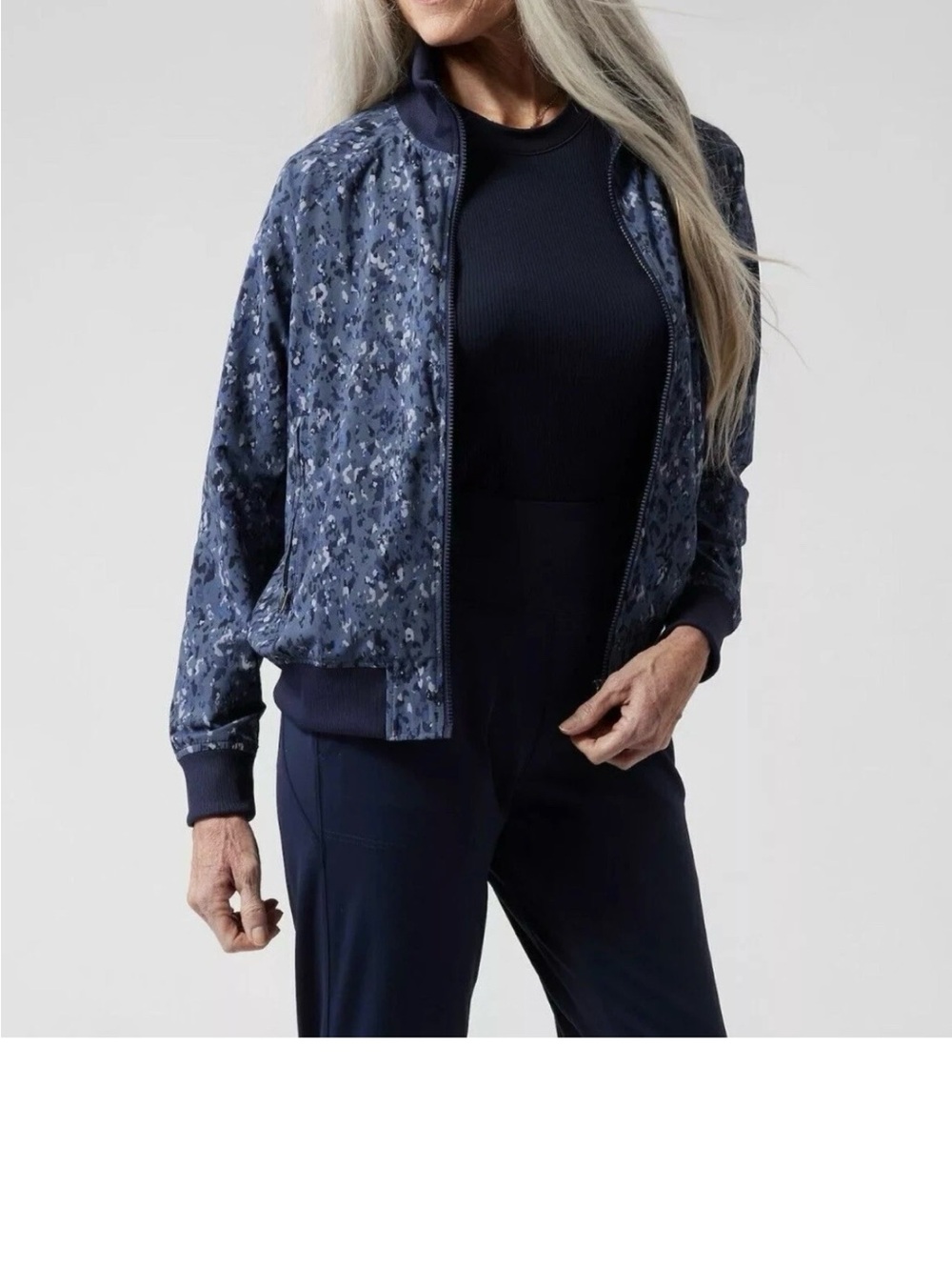ATHLETA Women's Navy Printed Bomber Jacket - Classic Lightweight Layer